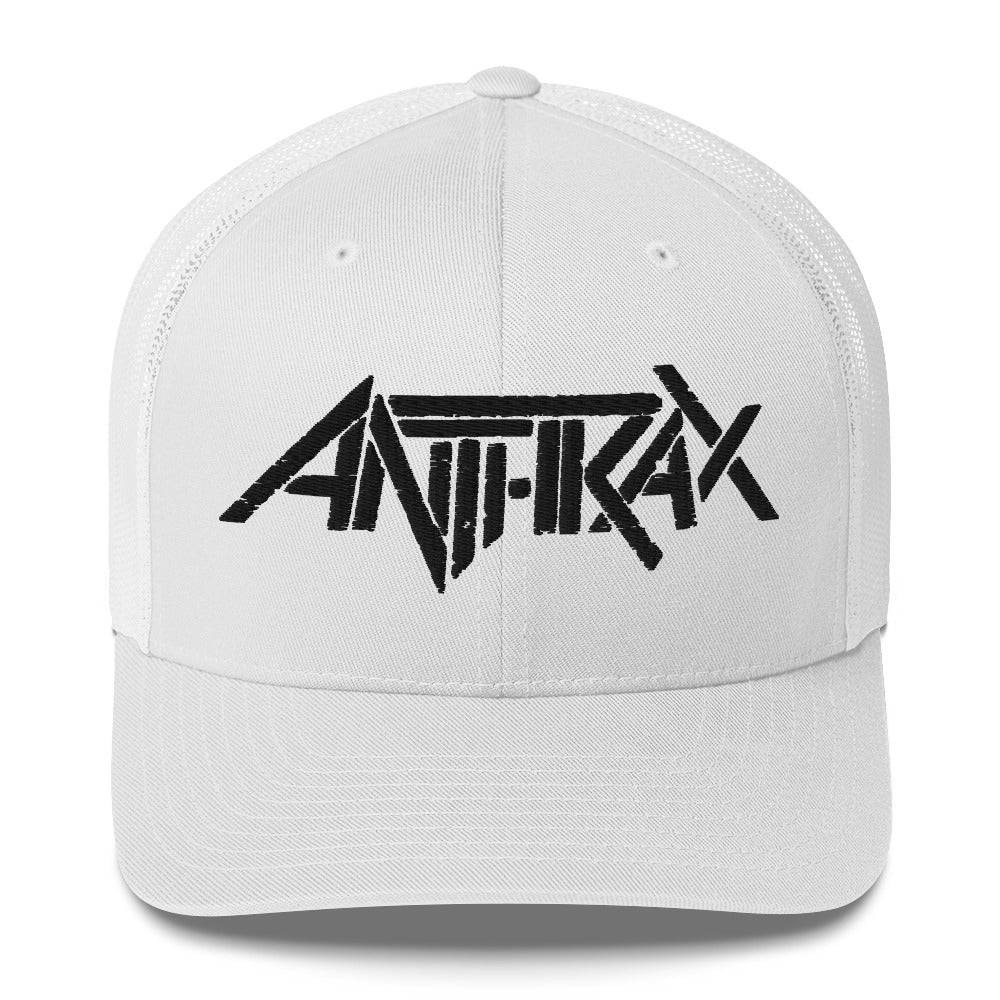 Merch Moment Anthrax - Black on White Trucker HD Embroidered Hat