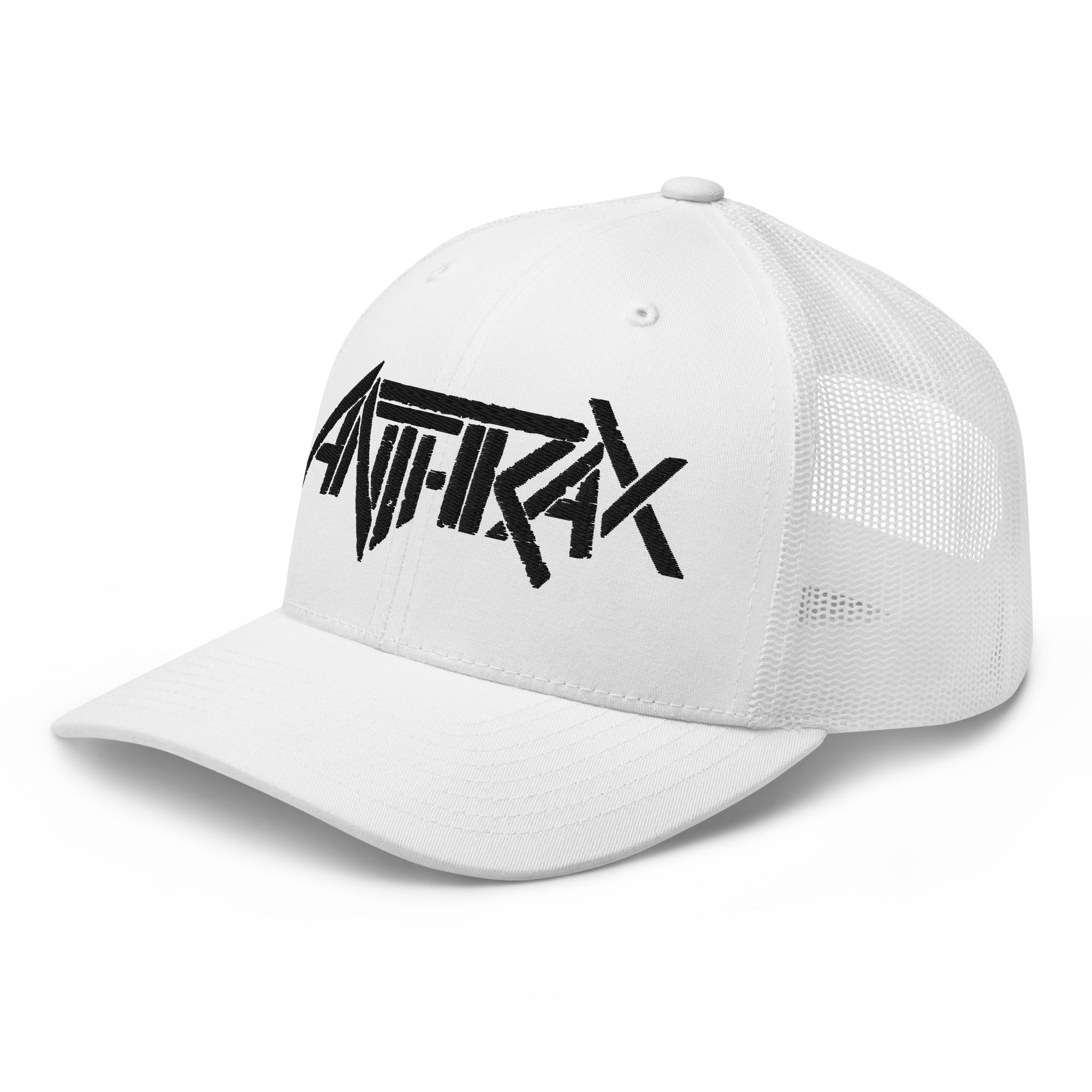 Merch Moment Anthrax - Black on White Trucker HD Embroidered Hat