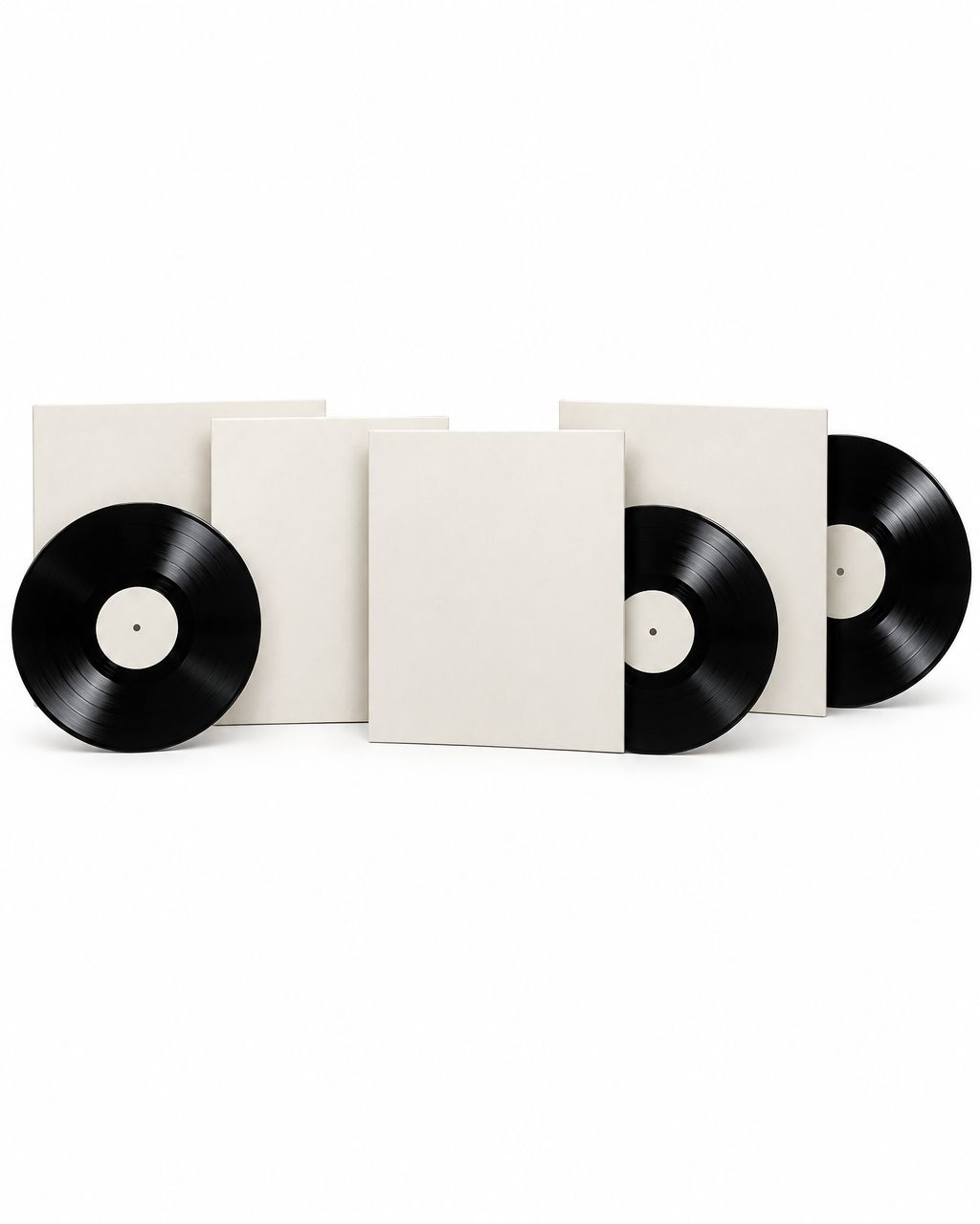 Illustrative black vinyl records and plain sleeves on a white background