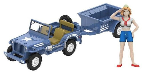 1:64 1943 Willys Mb Jeep, Trailer, Pin Up Girl 1:64 Hitch & Tow - 1943 Willys MB Die-Cast Jeep with Cargo Trailer and Military Pin-Up Girl Figurine America 250 Edition