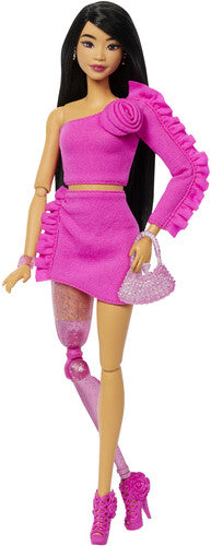 Barbie Deluxe Style Barbie Deluxe Style with Black Hair and Glittery Prosthetic Leg, Pink Top and Skirt Set with Rose Detail and Accessories - CD Album
