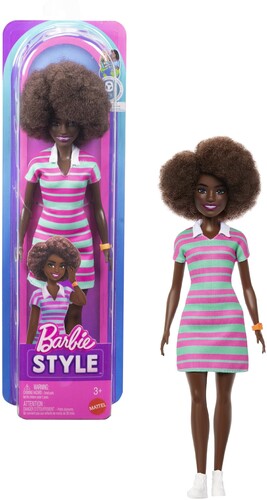 Barbie Fashionista Barbie Fashionistas Doll #247 With Pink And Green Striped Dress, Curly Black Hair - CD Album