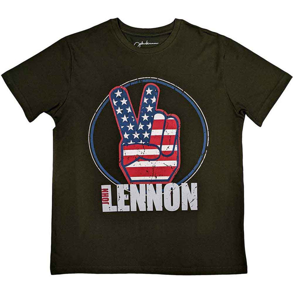 John Lennon Peace Fingers US Flag Green