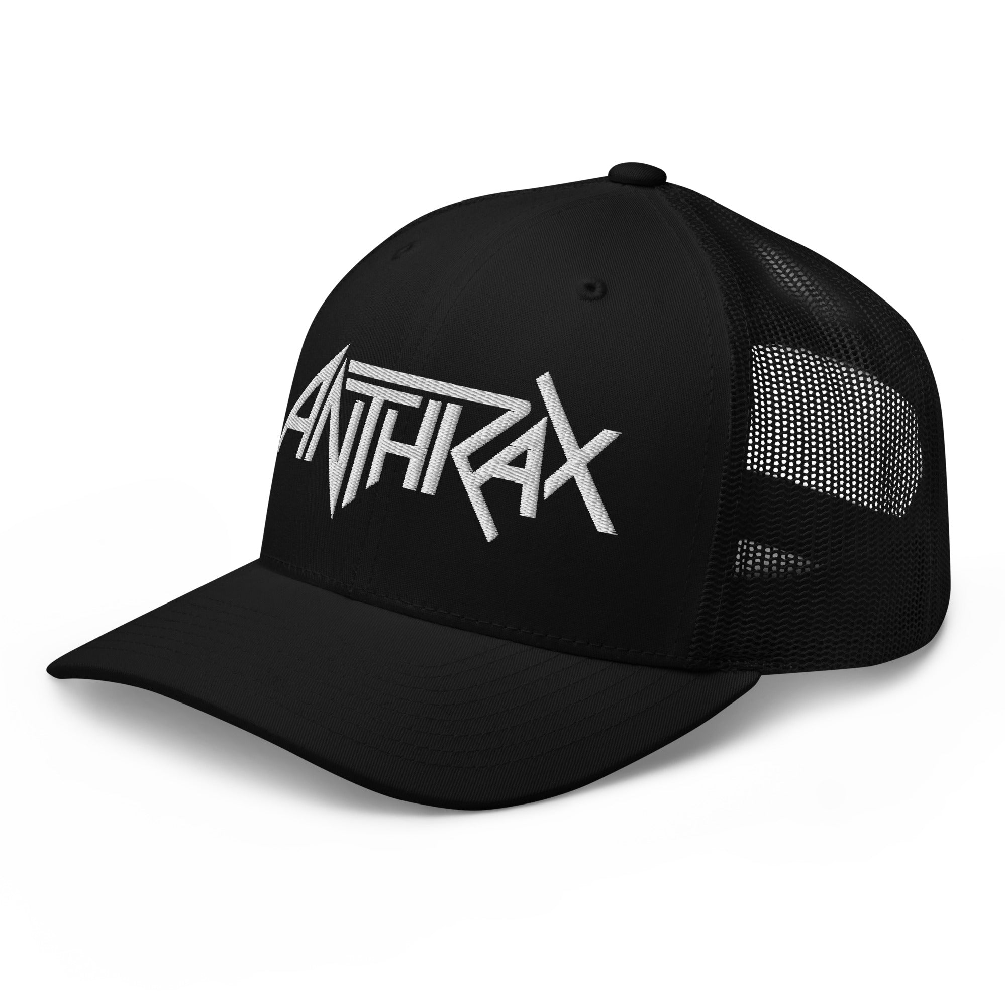 Merch Moment Anthrax - White on Black Trucker HD Embroidered Hat