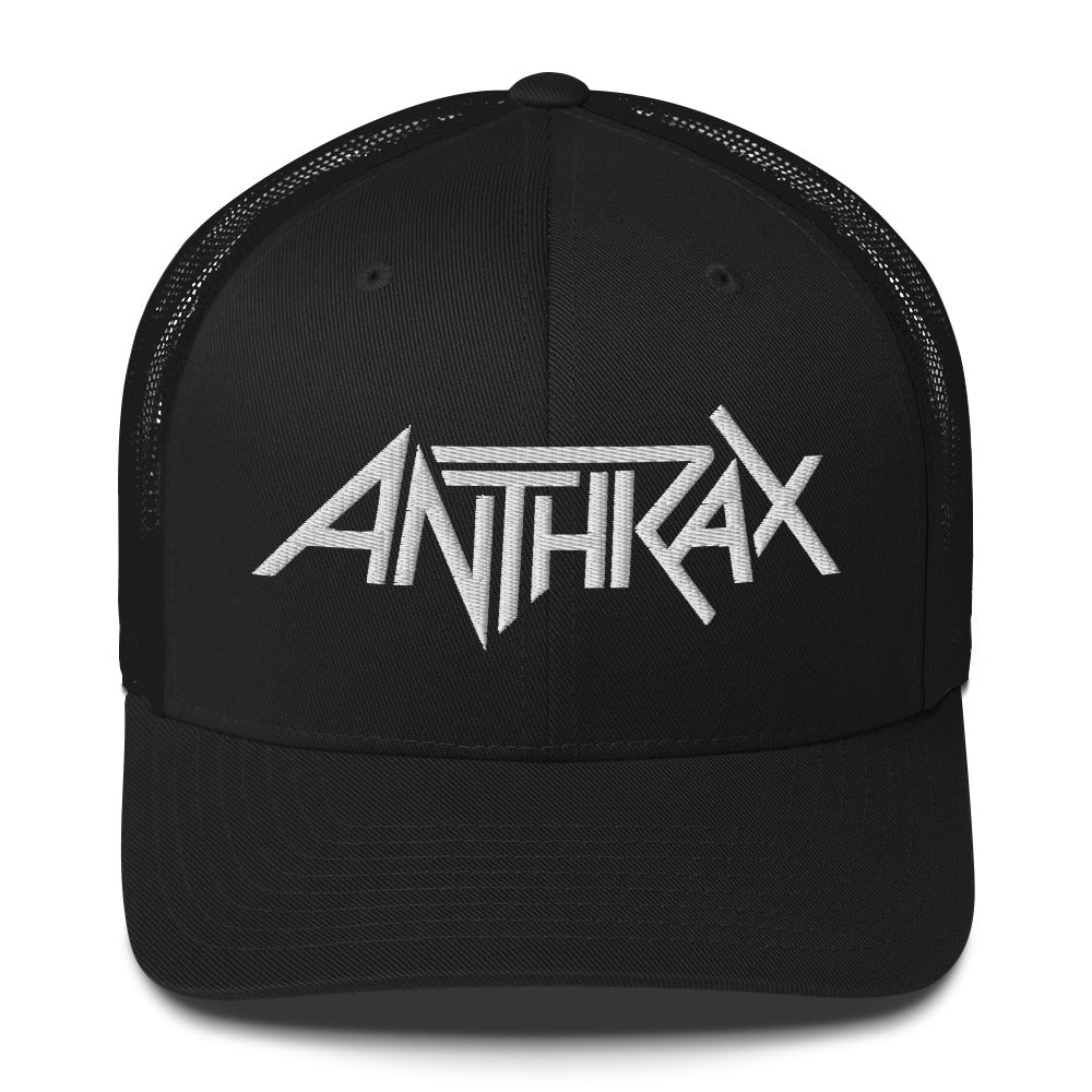 Merch Moment Anthrax - White on Black Trucker HD Embroidered Hat