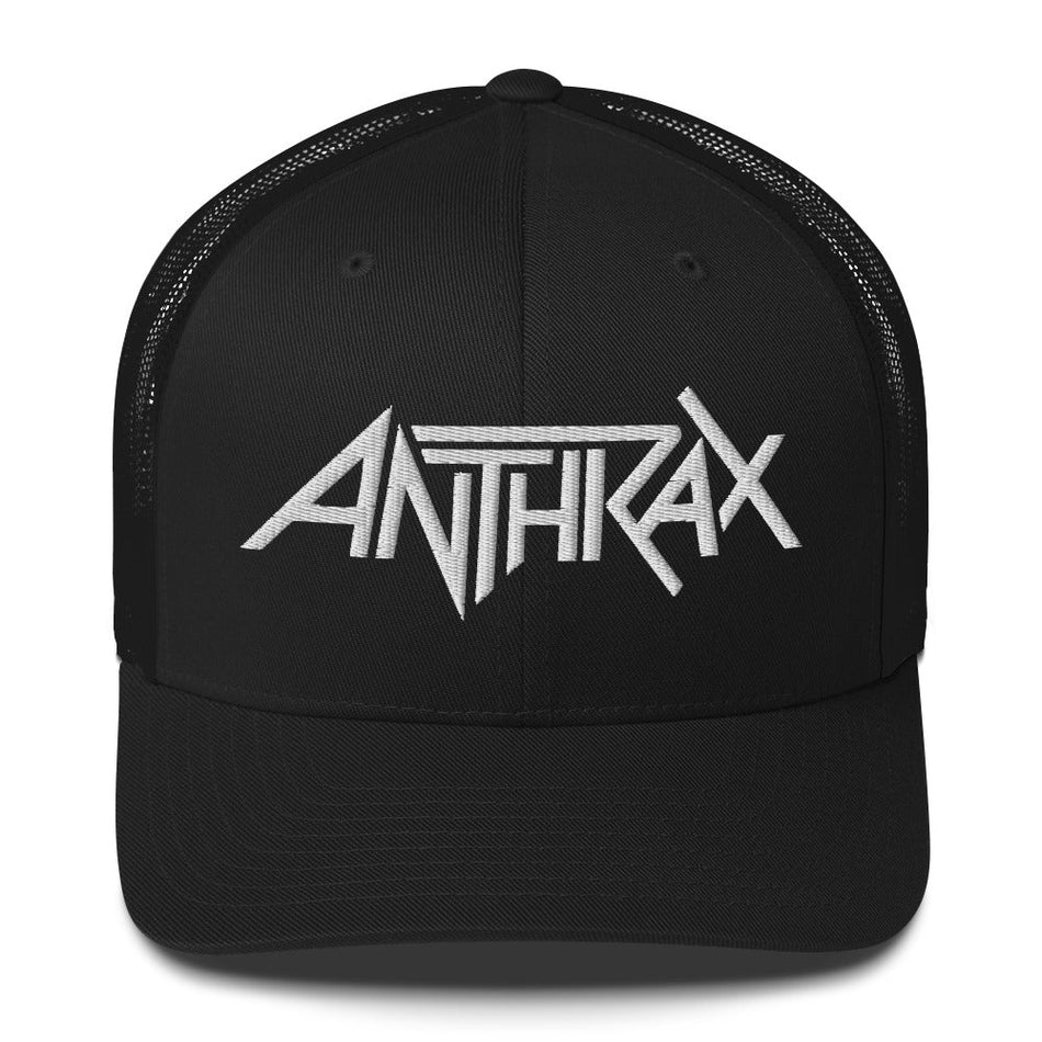 Merch Moment Anthrax - White on Black Trucker HD Embroidered Hat