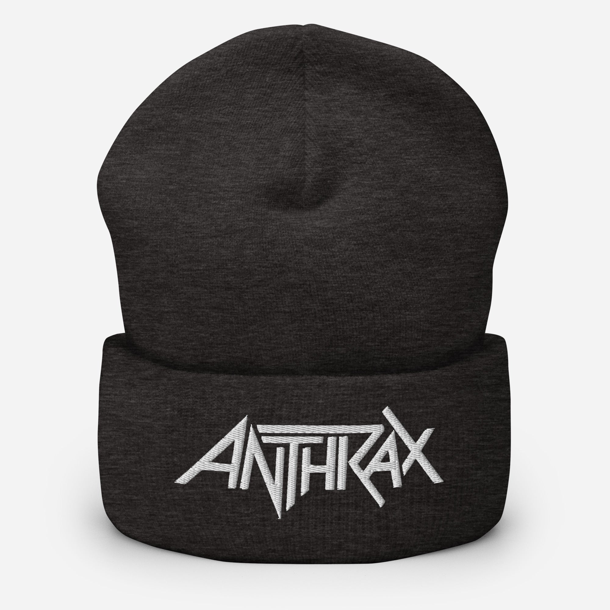 Merch Moment Anthrax - White on Dark Grey Cuffed HD Embroidered Beanie