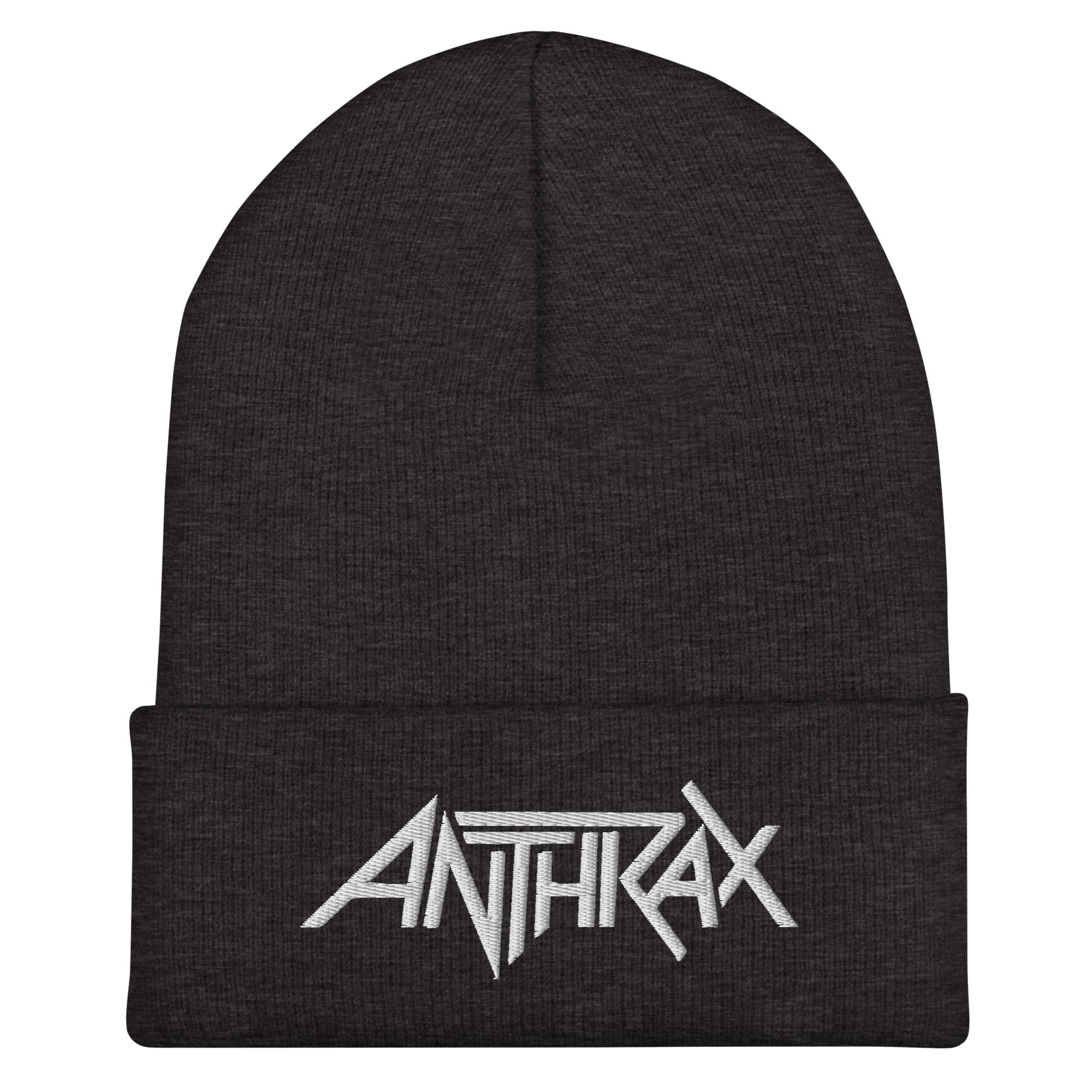 Merch Moment Anthrax - White on Dark Grey Cuffed HD Embroidered Beanie