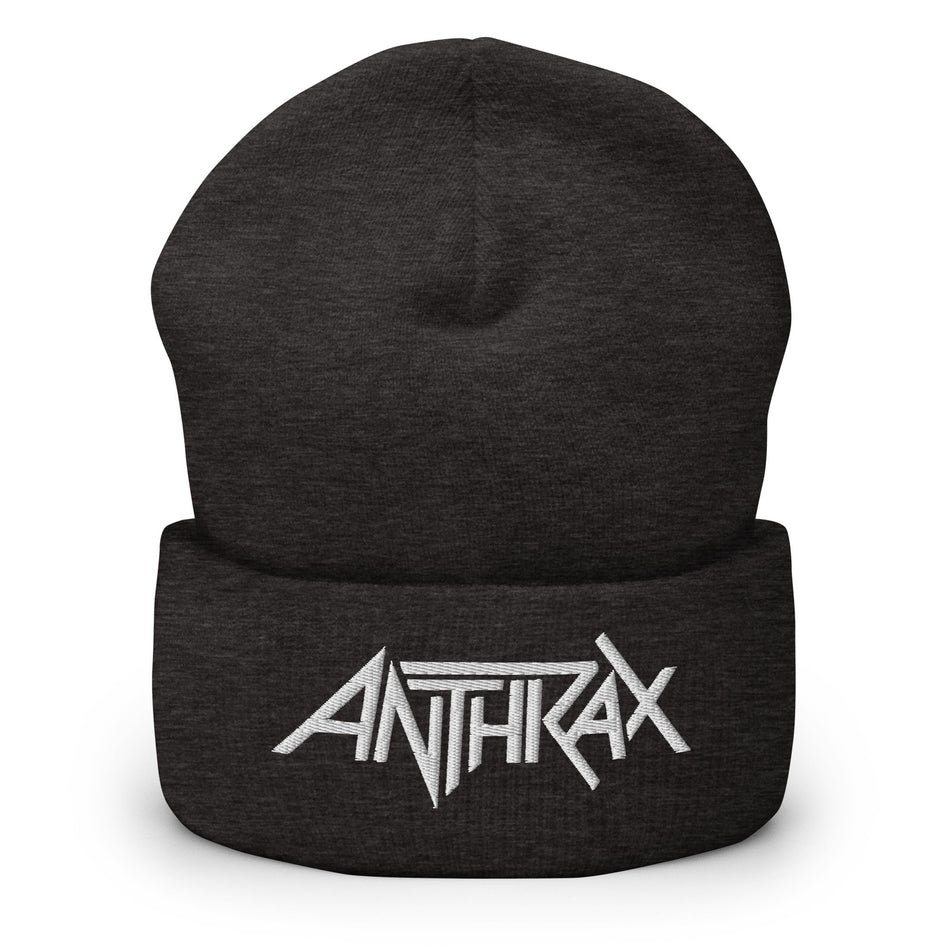 Merch Moment Anthrax - White on Dark Grey Cuffed HD Embroidered Beanie
