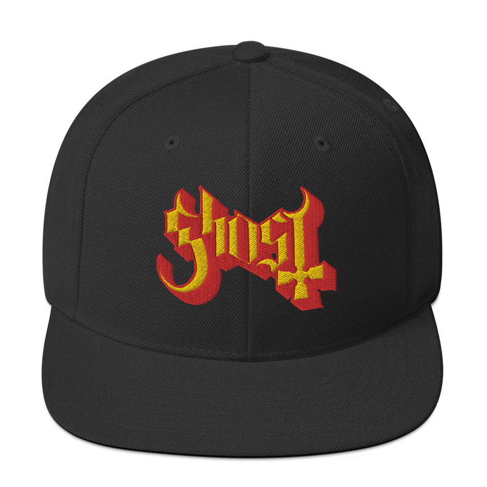 MerchMoment Ghost Yellow Logo Black Embroidered Snap Back Hat