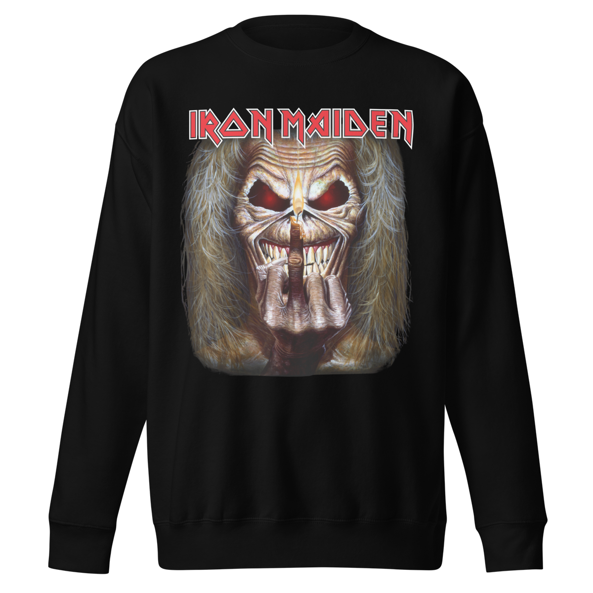 Stakes Iron Maiden Candle Finger Jumbo Print Sweatshirt Black