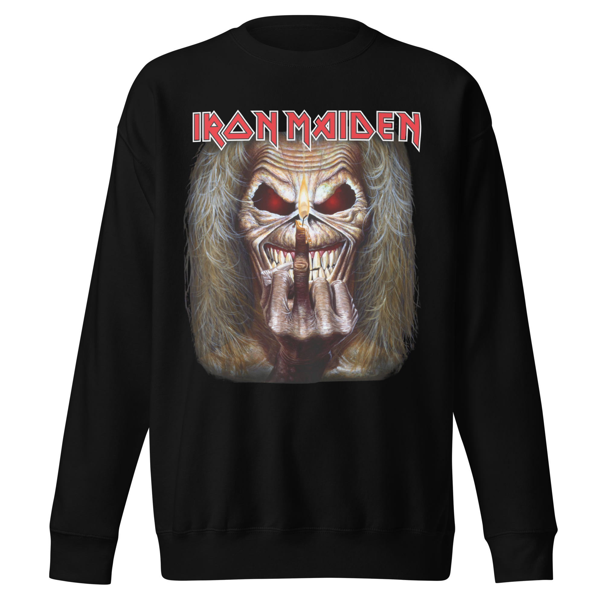 Stakes Iron Maiden Candle Finger Jumbo Print Sweatshirt Black