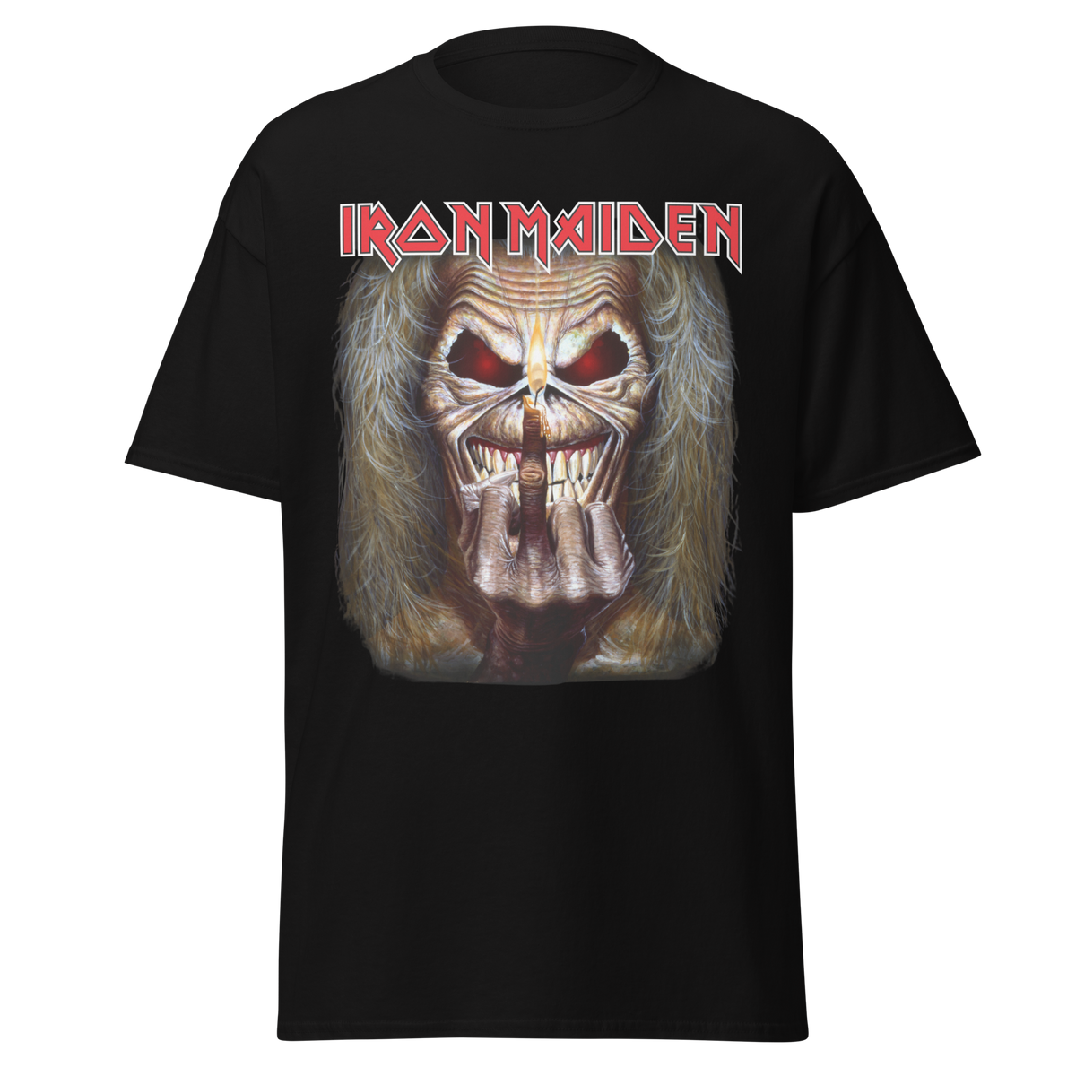 Stakes Iron Maiden Candle Finger Jumbo Print T-Shirt Black