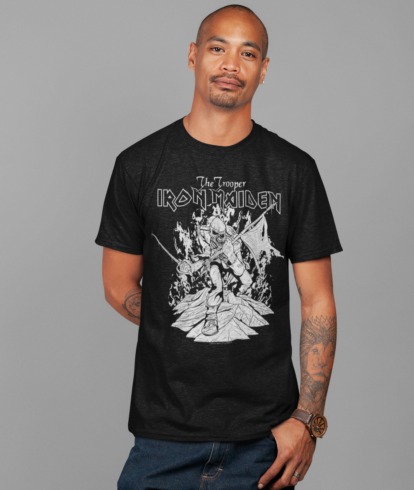 Stakes Iron Maiden - Trooper Black and White Jumbo Print T-Shirt Black