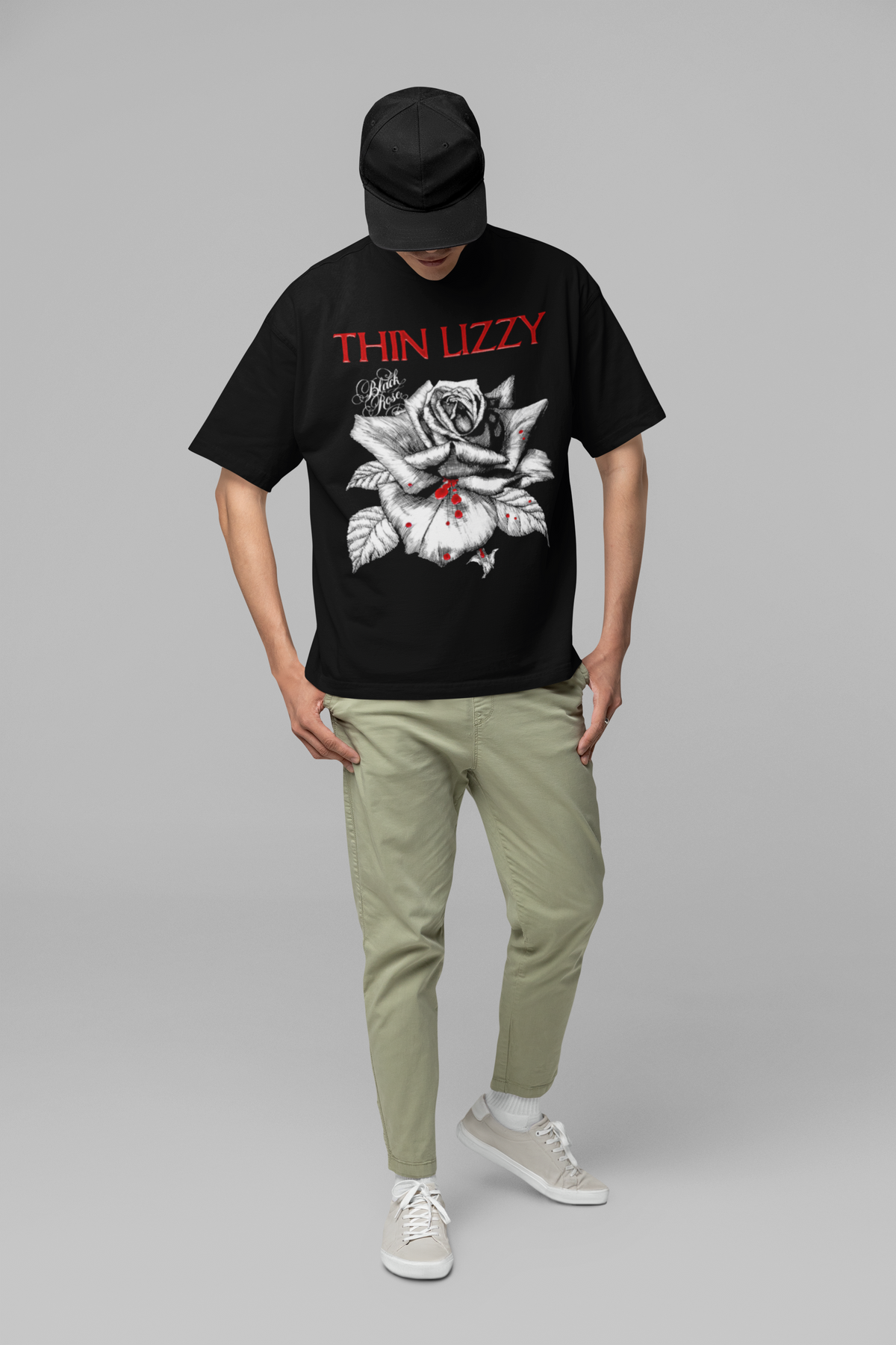 Stakes Thin Lizzy - Black Rose Jumbo Print T-Shirt Black