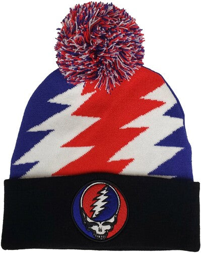 The Grateful Dead Grateful Dead - Steal Your Face Patch - Knit Pom Hat - Jacquard Lighting Bolt Red/White/Blue/Black BN25GFD265 (Hat, One Size Fits All, Black)